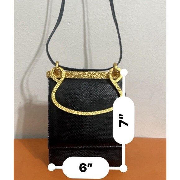 Clara Studio for Asymmetry Vtg Black Lizard Embossed Leather Bag 24K Gold Handle - Picture 6 of 16